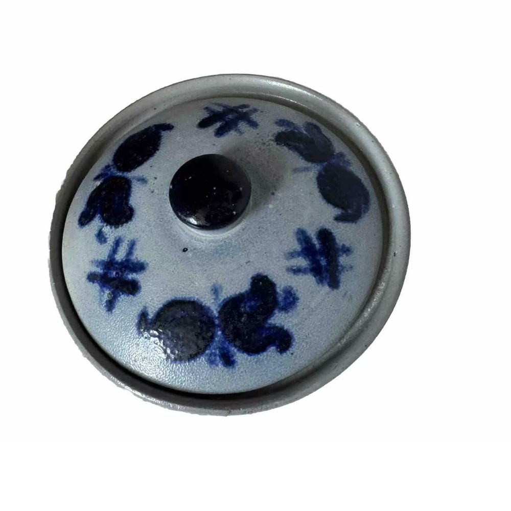 Vintage German Pottery Salt Glaze #2 Covered Pot With Lid Hand Painted Blue - Picture 2 of 9